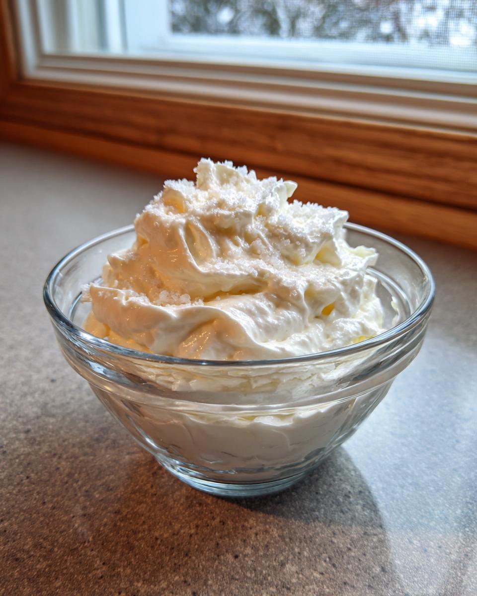 Eine Glasschale gefüllt mit luftiger, weißer ZAUBERCREME, bestreut mit feinen Kristallen.