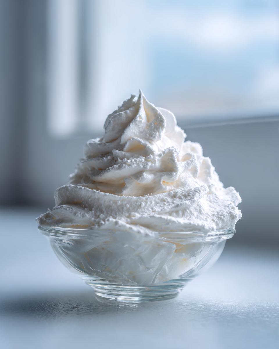 Nahaufnahme von luftig aufgeschlagener, weißer ZAUBERCREME in einer kleinen Glasschale.