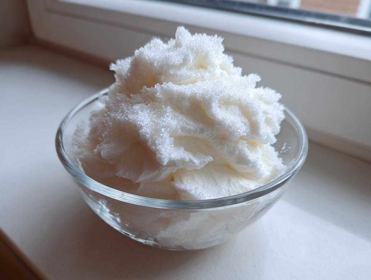 Eine Schüssel mit luftiger, weißer ZAUBERCREME, die auf einer hellen Fensterbank steht.