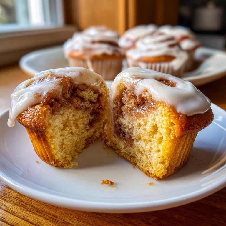 Ein aufgeschnittener Zimtschnecken-Cupcake, der die saftige Textur und die Zimtschneckenfüllung zeigt, bedeckt mit weißem Zuckerguss.