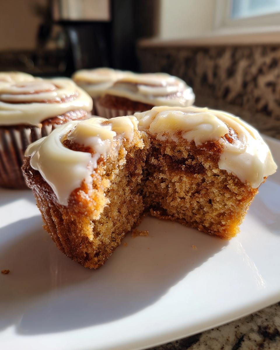 Nahaufnahme eines durchgeschnittenen Zimtschnecken-Cupcakes mit saftigem Inneren und weißem Zuckerguss.