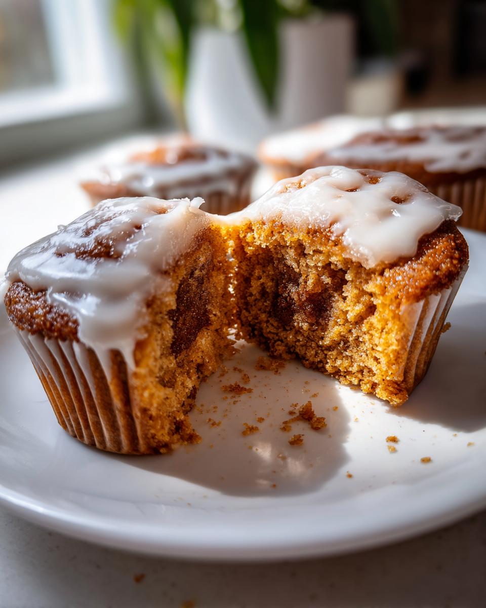 Nahaufnahme eines aufgeschnittenen Zimtschnecken-Cupcakes mit saftiger Füllung und weißem Zuckerguss.