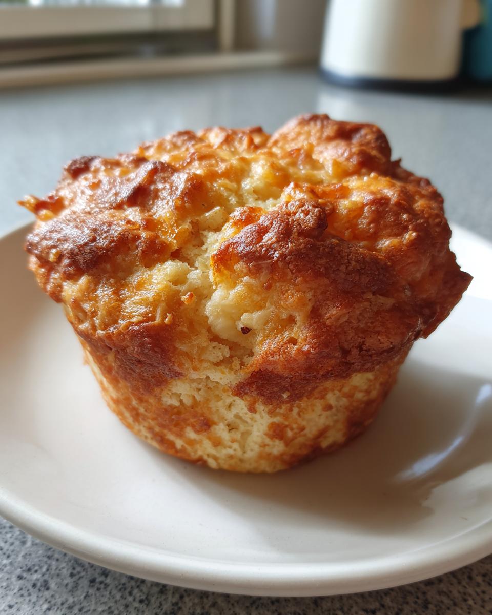 Nahaufnahme eines goldbraun gebackenen Zwiebelkuchen Muffins auf einem weißen Teller.