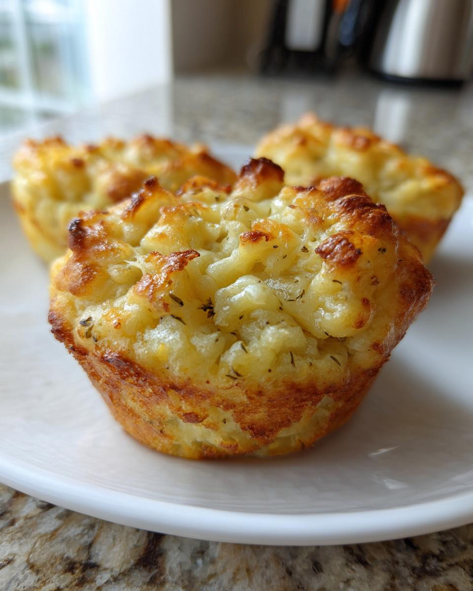 Nahaufnahme von drei goldbraunen Zwiebelkuchen Muffins mit knuspriger Oberfläche auf einem weißen Teller.