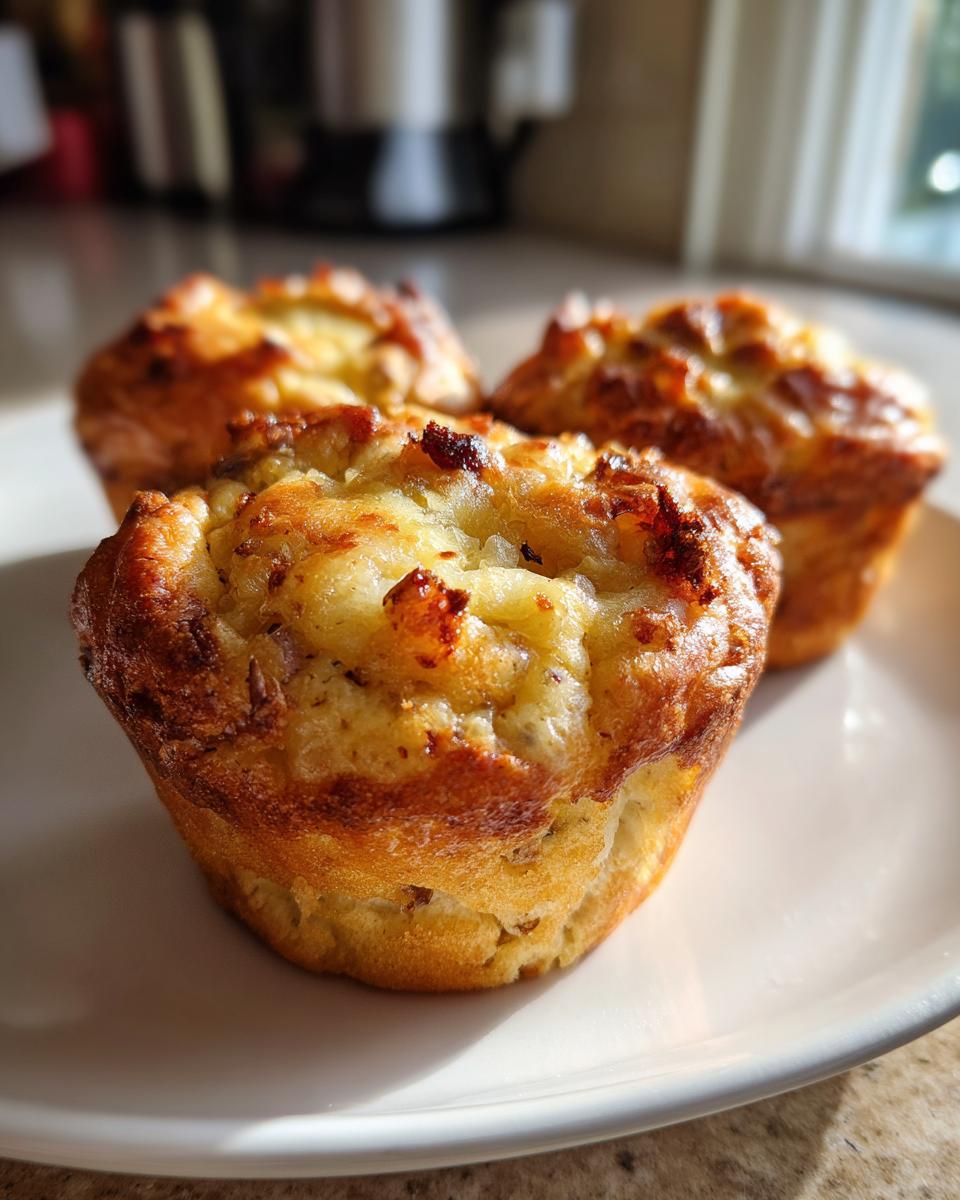 Drei goldbraune, herzhafte Zwiebelkuchen Muffins auf einem weißen Teller, im Fokus.