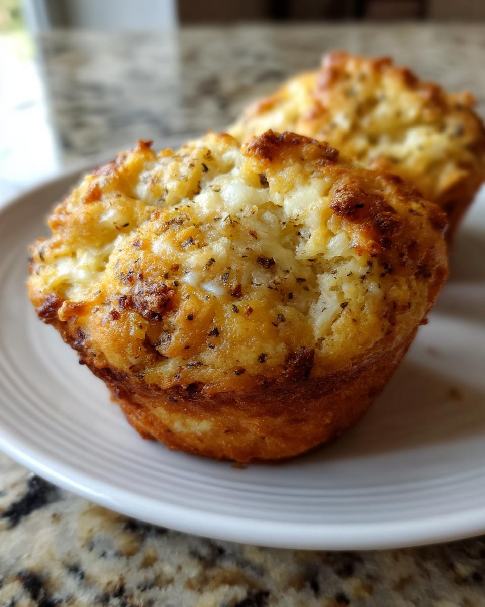 Nahaufnahme von zwei goldbraunen Zwiebelkuchen Muffins, bestreut mit Kräutern, auf einem weißen Teller.