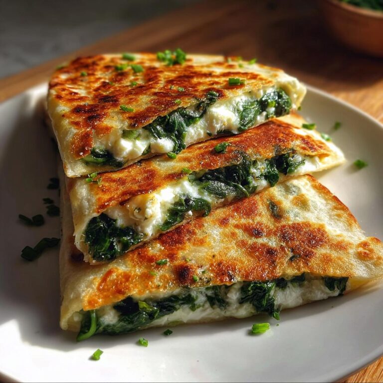 Drei gestapelte, goldbraun gebratene 30 Minuten Spinat-Feta-Quesadillas, gefüllt mit cremiger Feta-Käse-Spinat-Mischung.