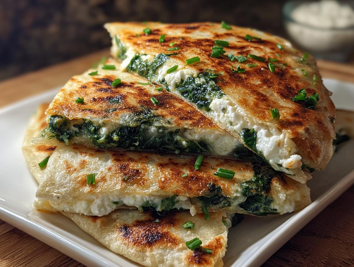 Gestapelte und in Viertel geschnittene 30 Minuten Spinat-Feta-Quesadillas mit goldbrauner Kruste und cremiger Füllung.