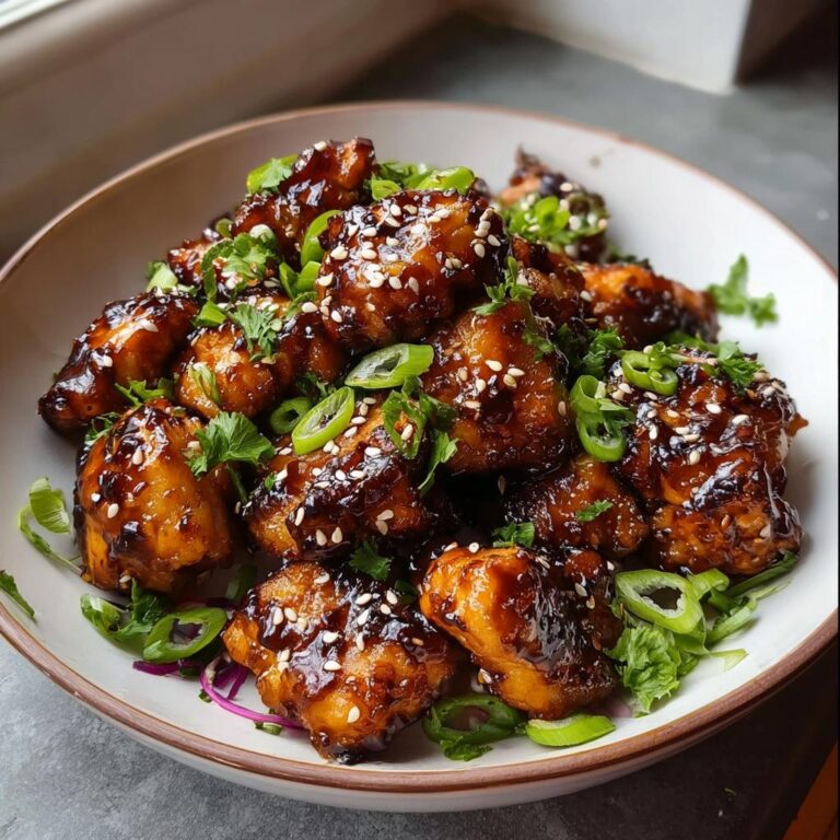 Nahaufnahme von saftigem Airfryer Teriyaki-Hähnchen, glasiert und bestreut mit Sesam und Frühlingszwiebeln.