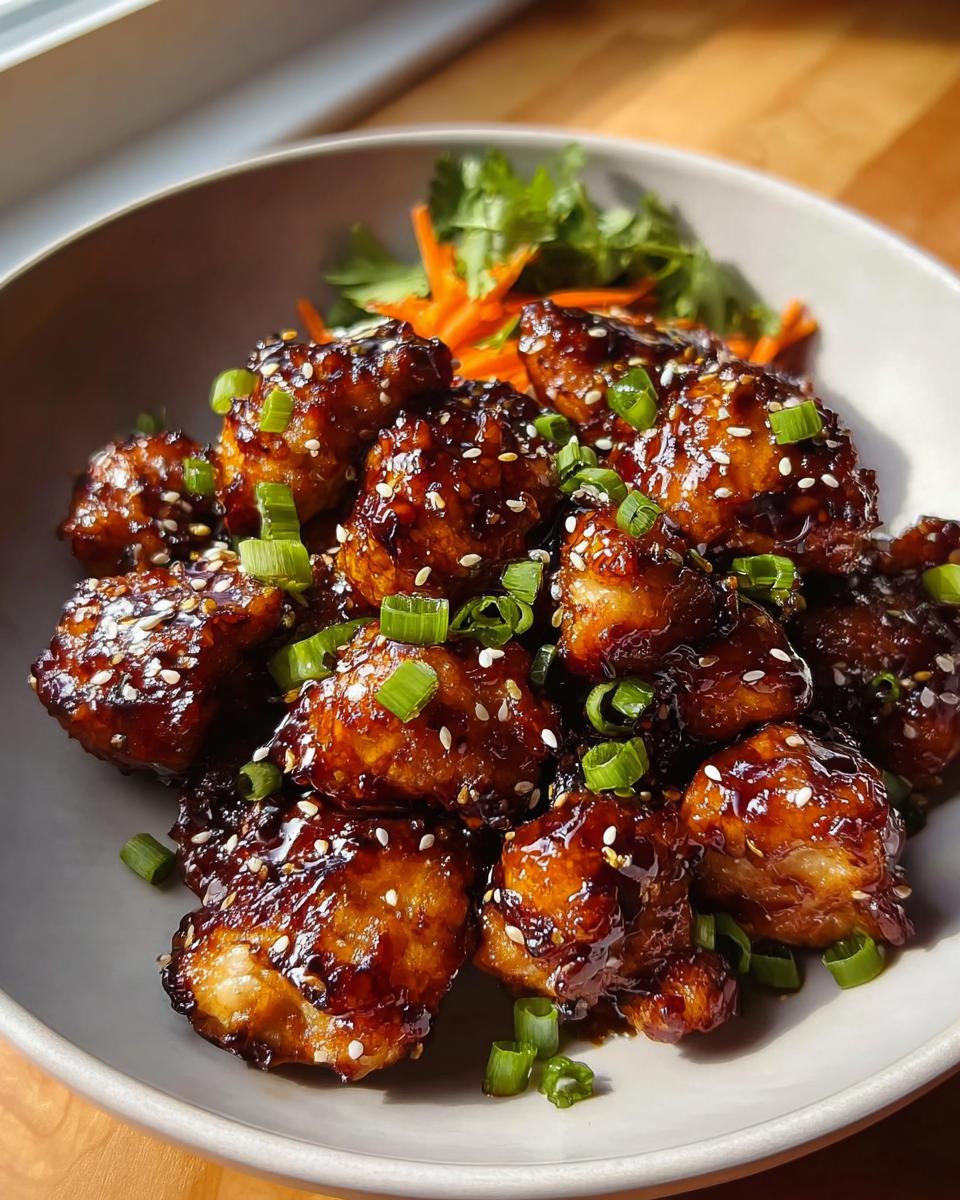 Nahaufnahme von glasiertem Airfryer Teriyaki-Hähnchen, bestreut mit Sesam und Frühlingszwiebeln.