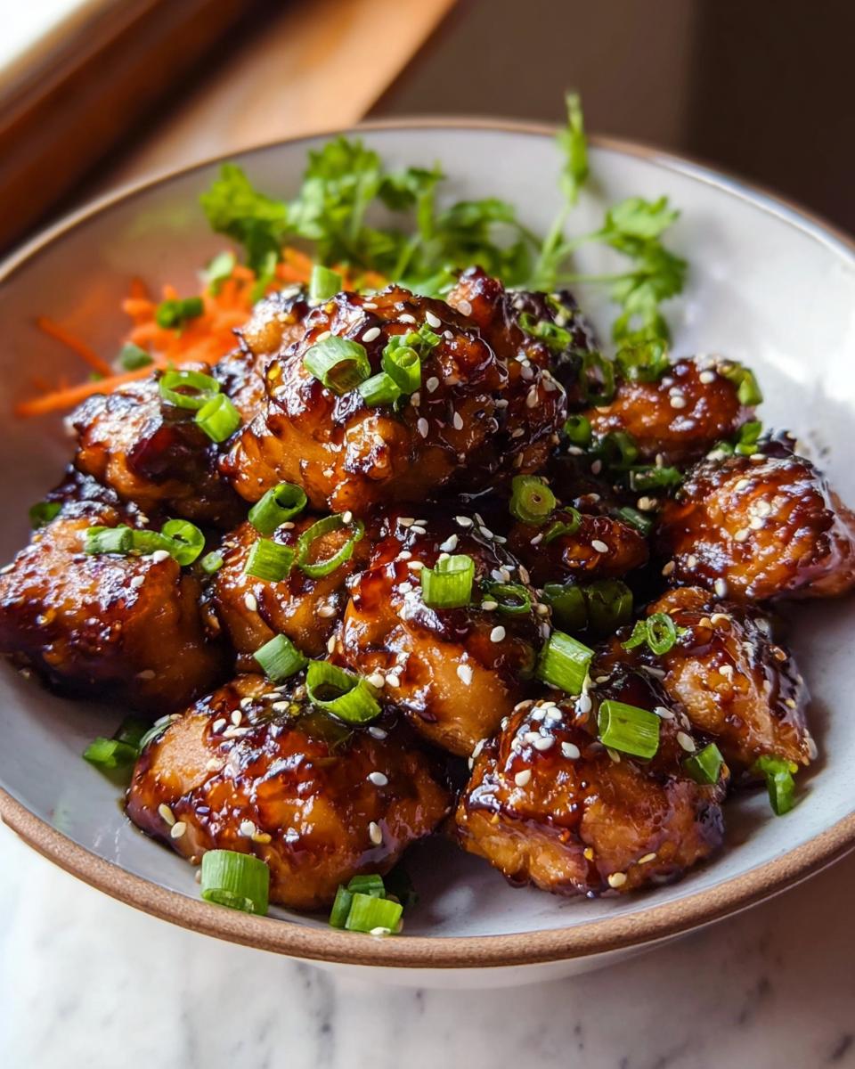 Nahaufnahme von saftigem Airfryer Teriyaki-Hähnchen, glasiert und bestreut mit Frühlingszwiebeln und Sesam.