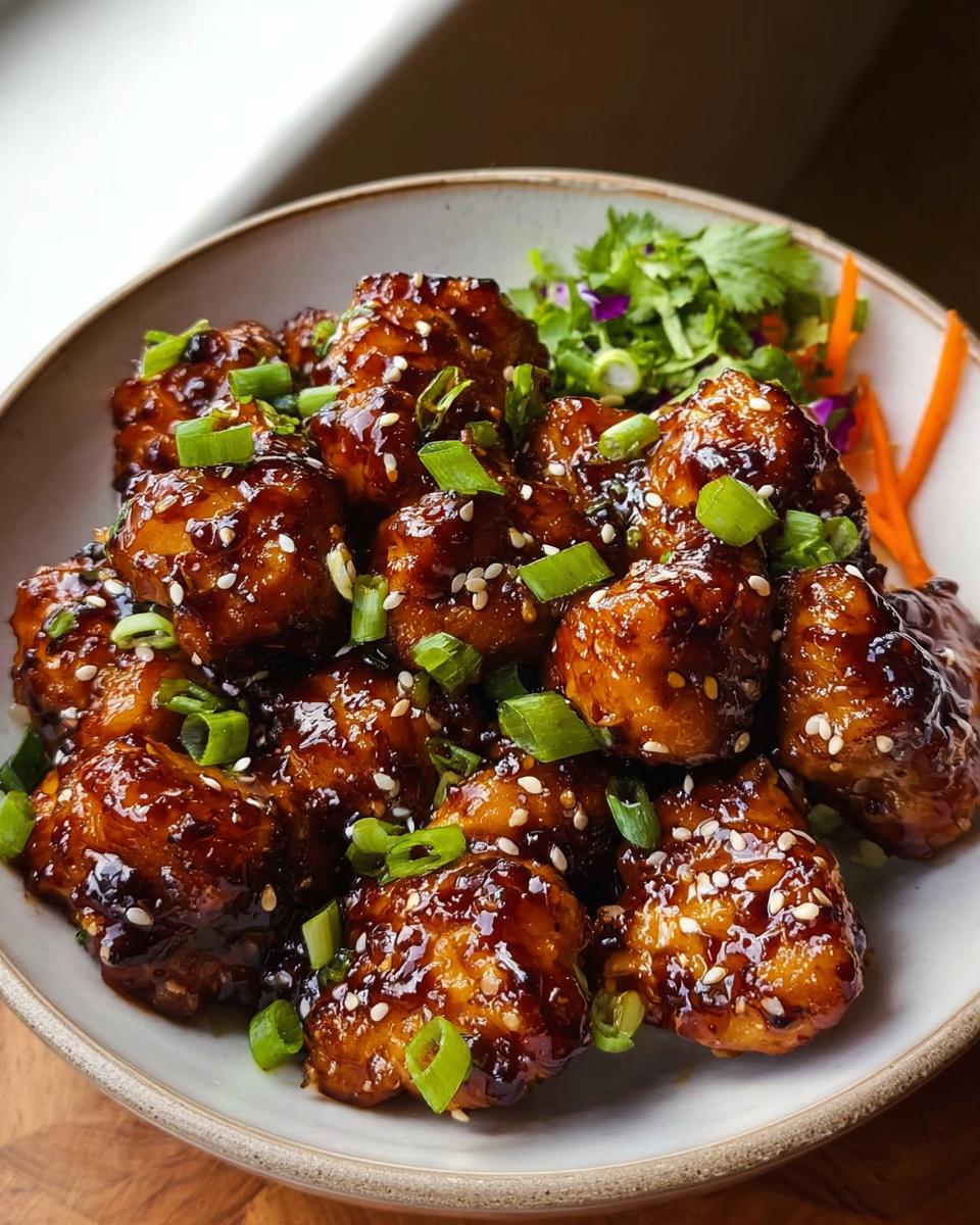 Knusprige Stücke Airfryer Teriyaki-Hähnchen, glasiert und bestreut mit Sesam und Frühlingszwiebeln.