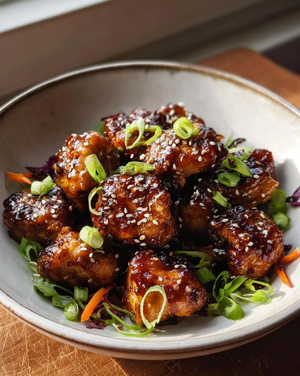 Glänzende Stücke Airfryer Teriyaki-Hähnchen, bestreut mit Sesam und Frühlingszwiebeln.