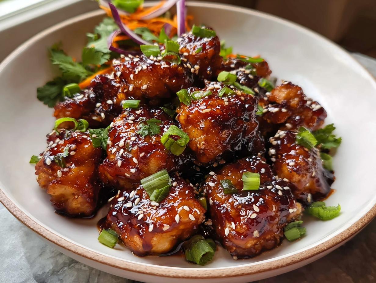 Nahaufnahme von saftigen Stücken Airfryer Teriyaki-Hähnchen, glasiert und bestreut mit Sesam und Frühlingszwiebeln.