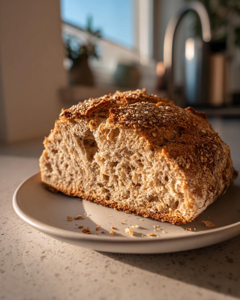 Angeschnittenes Laib Eiweißbrot mit Sesamkruste auf einem Teller, ideal für das beste Eiweißbrot der Welt.