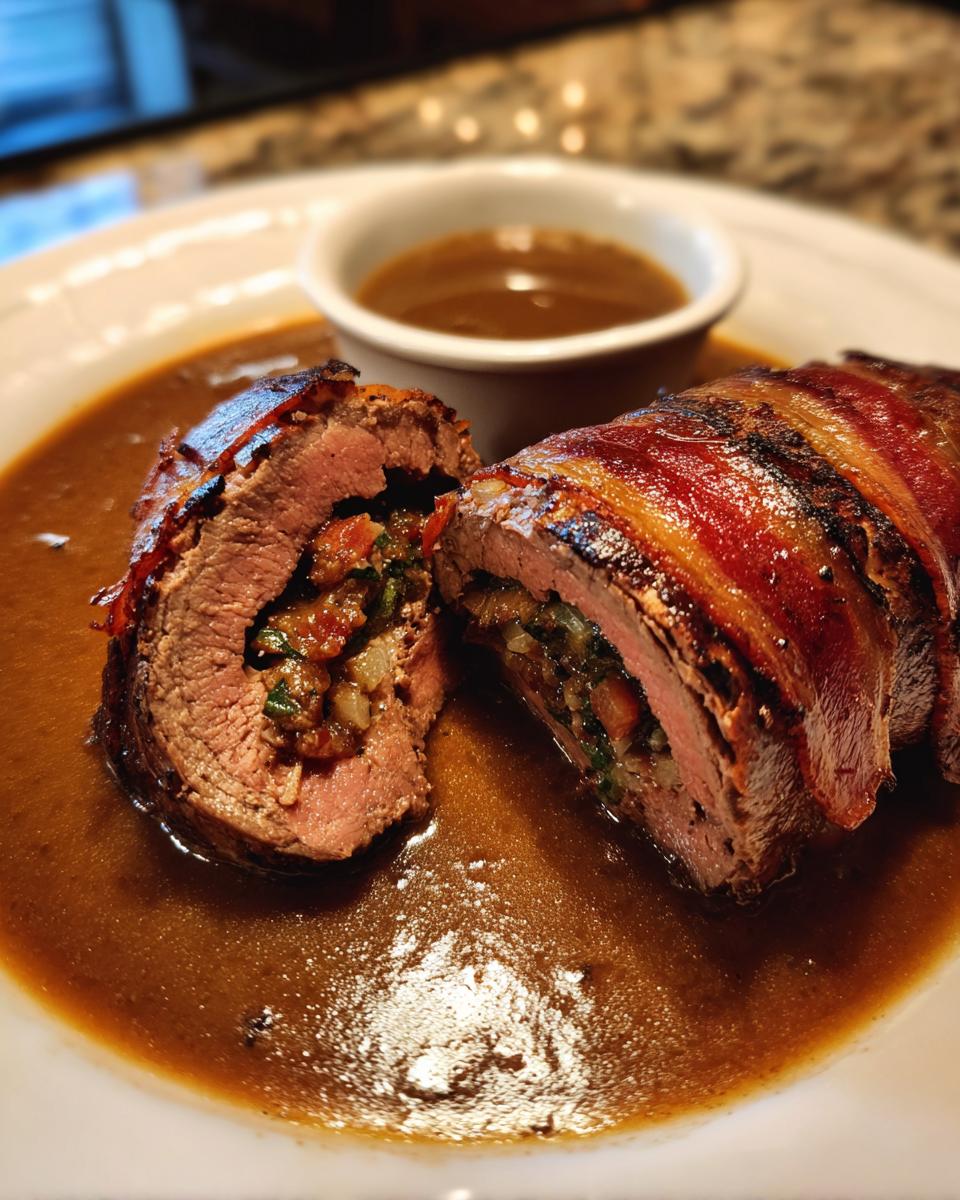 Aufgeschnittener Rouladentopf aus dem Backofen, umhüllt von Speck, gefüllt und in dunkler Soße serviert.