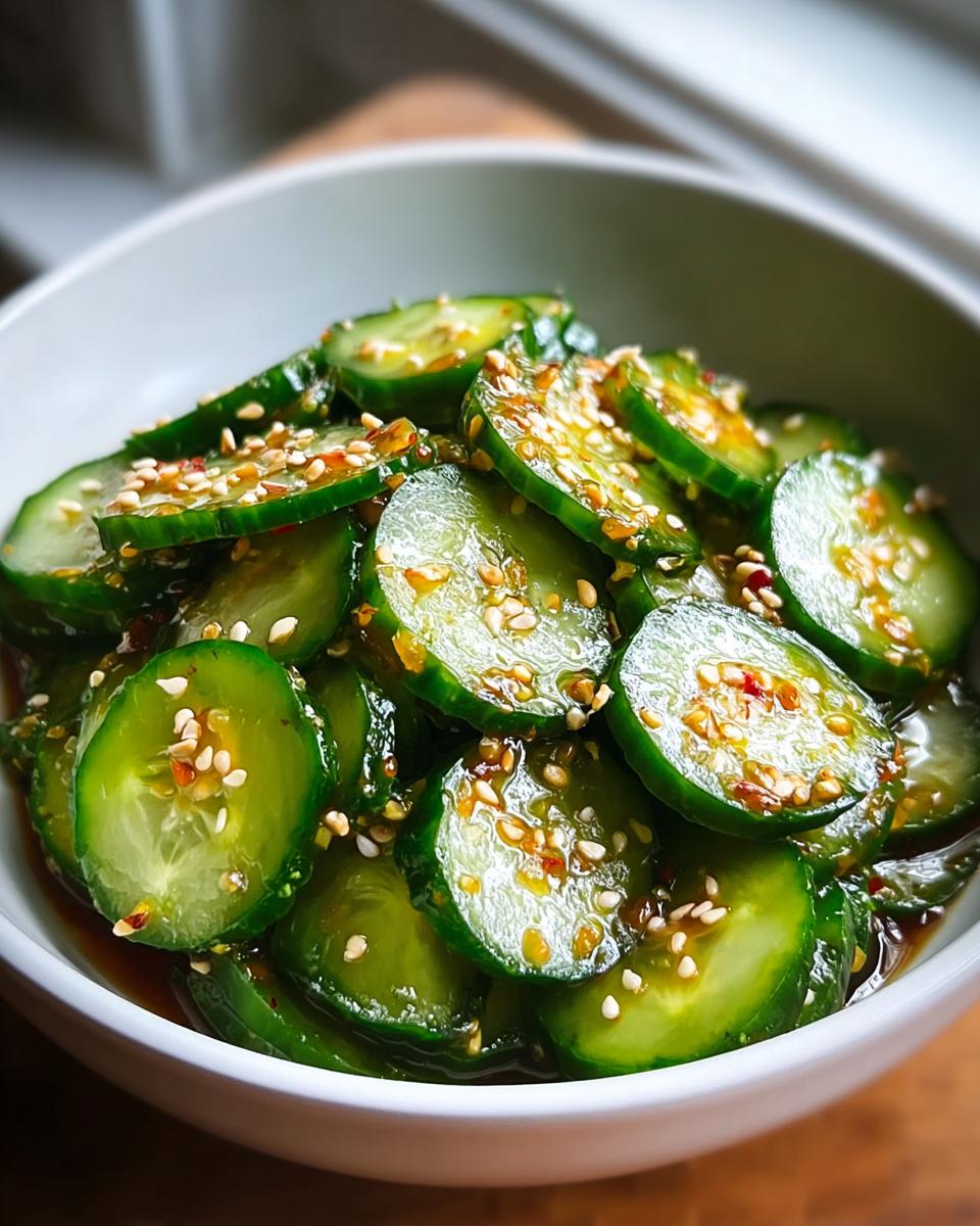 Nahaufnahme von geschnittenen Gurken in einer würzigen Soße, bestreut mit Sesam, als Beispiel für Asiatischer Gurkensalat.