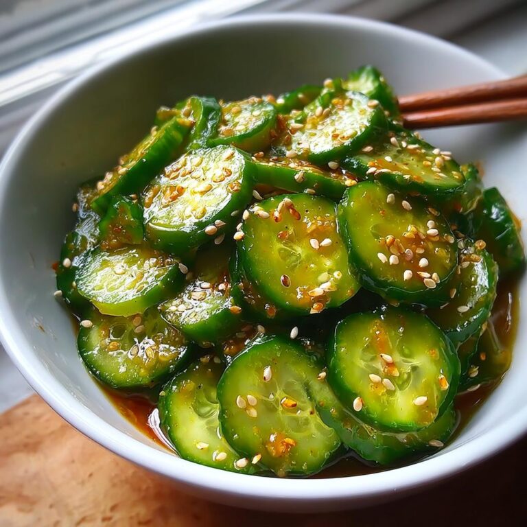 Nahaufnahme von in Scheiben geschnittenem Asiatischer Gurkensalat mit Sesam in einer weißen Schüssel.