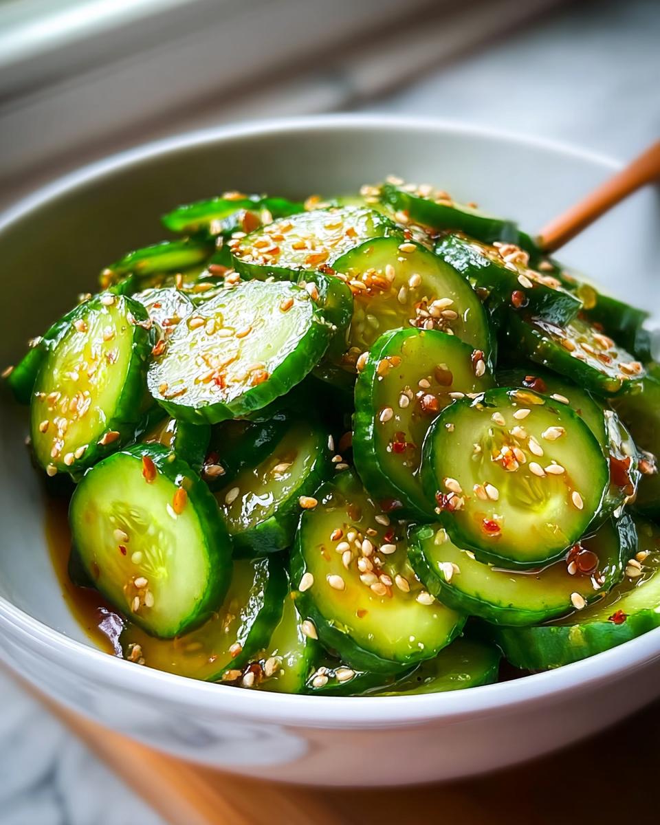 Nahaufnahme von saftigen Scheiben Asiatischer Gurkensalat mit Sesam und Chili-Flocken in einer weißen Schüssel.