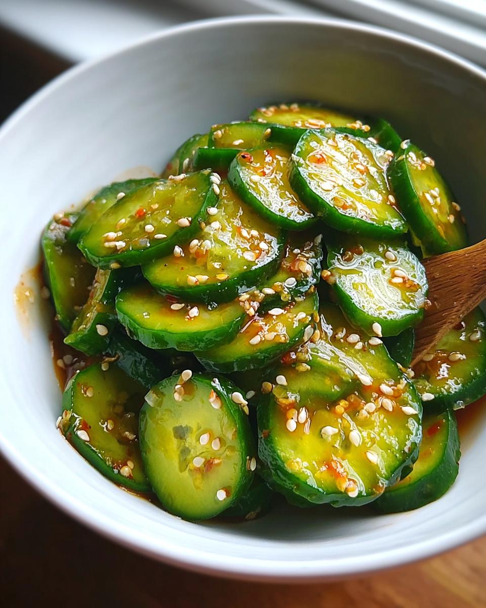 Nahaufnahme von geschnittenen Gurken in einer würzigen Marinade, bestreut mit Sesam, für Asiatischer Gurkensalat.