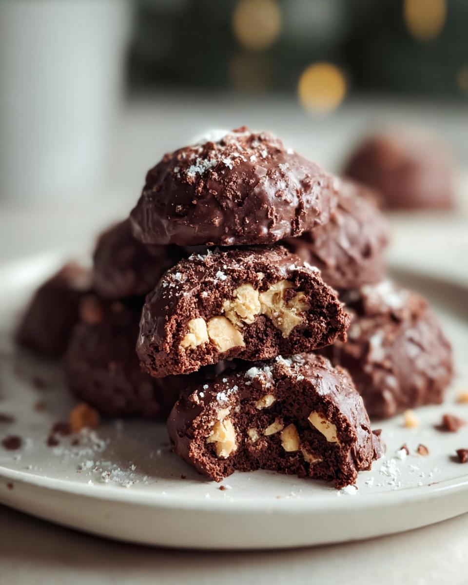 Nahaufnahme von aufgeschnittenen Rocher-Keksen, die eine dunkle Schokoladenhülle und eine cremige Füllung mit ganzen Nüssen zeigen.