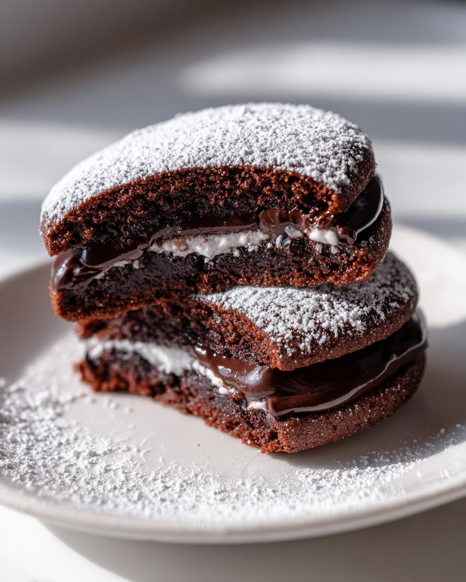 Nahaufnahme von zwei aufeinander gestapelten, aufgeschnittenen Schoko-Engelsaugen, gefüllt mit weißer Creme und dunkler Schokoladenfüllung.