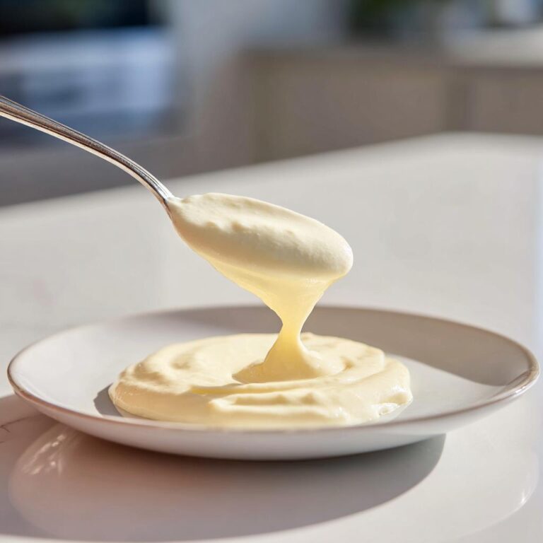 Ein Löffel cremiger Bechamelsauce rezept tropft auf einen Teller.