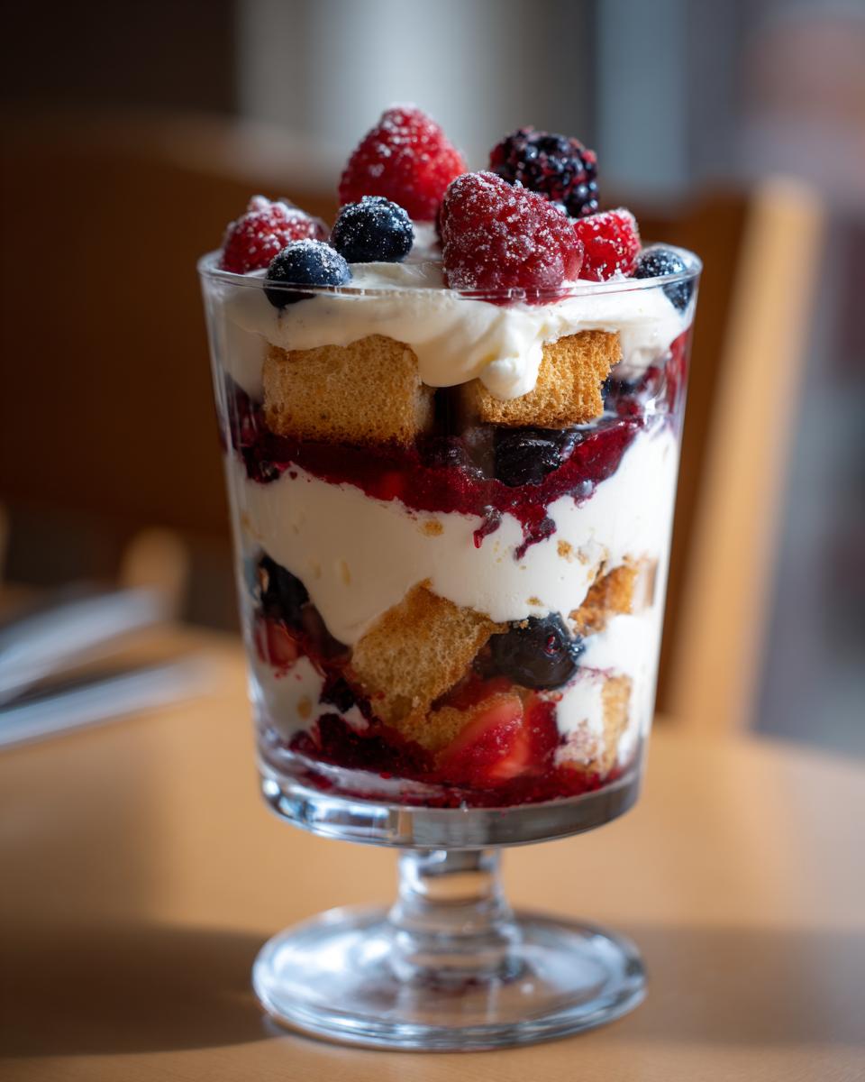 Nahaufnahme eines fruchtigen Schichtdessert im Glas mit Sahne, Biskuitstücken und frischen Beeren obenauf.