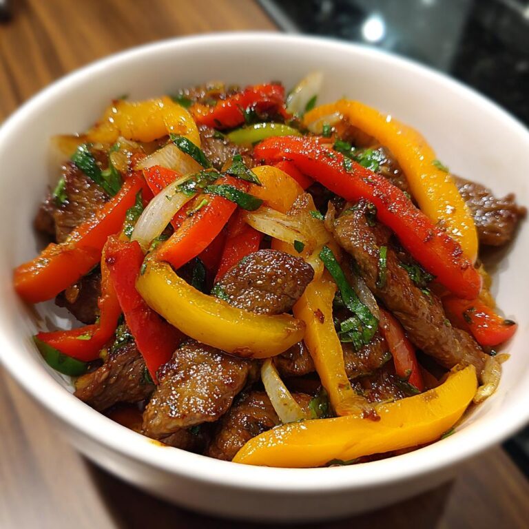 Nahaufnahme eines Blitz-Wok mit Rindfleisch und Paprika in einer weißen Schüssel, das Fleisch wirkt saftig.