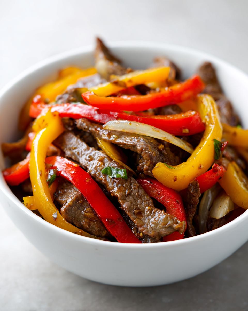 Nahaufnahme von saftigem Blitz-Wok mit Rindfleisch und Paprika in einer weißen Schüssel.