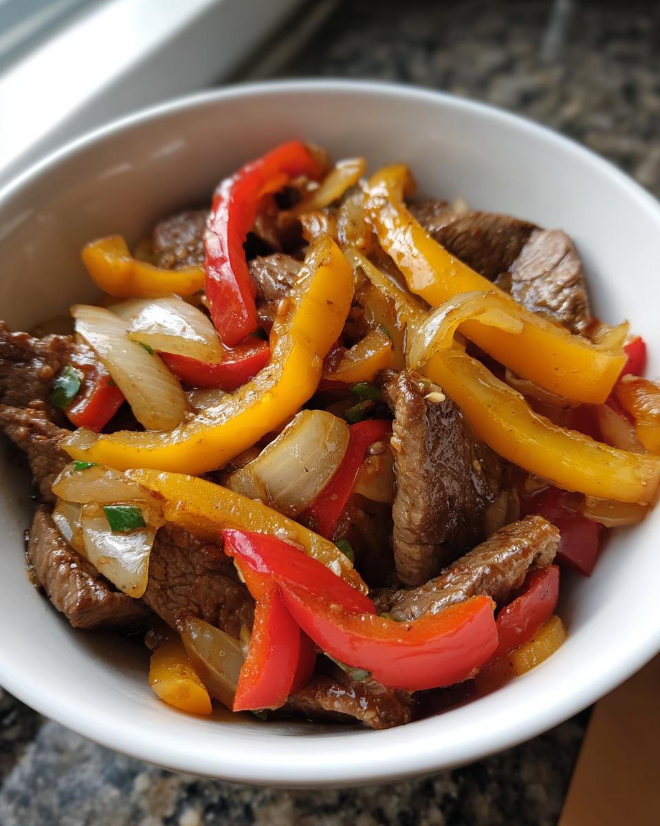 Nahaufnahme von saftigem Blitz-Wok mit Rindfleisch und bunter Paprika und Zwiebeln in einer weißen Schüssel.