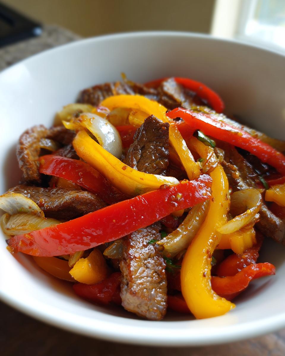 Nahaufnahme von saftigem Rindfleisch mit roten und gelben Paprikastreifen und Zwiebeln im Blitz-Wok mit Rindfleisch und Paprika.