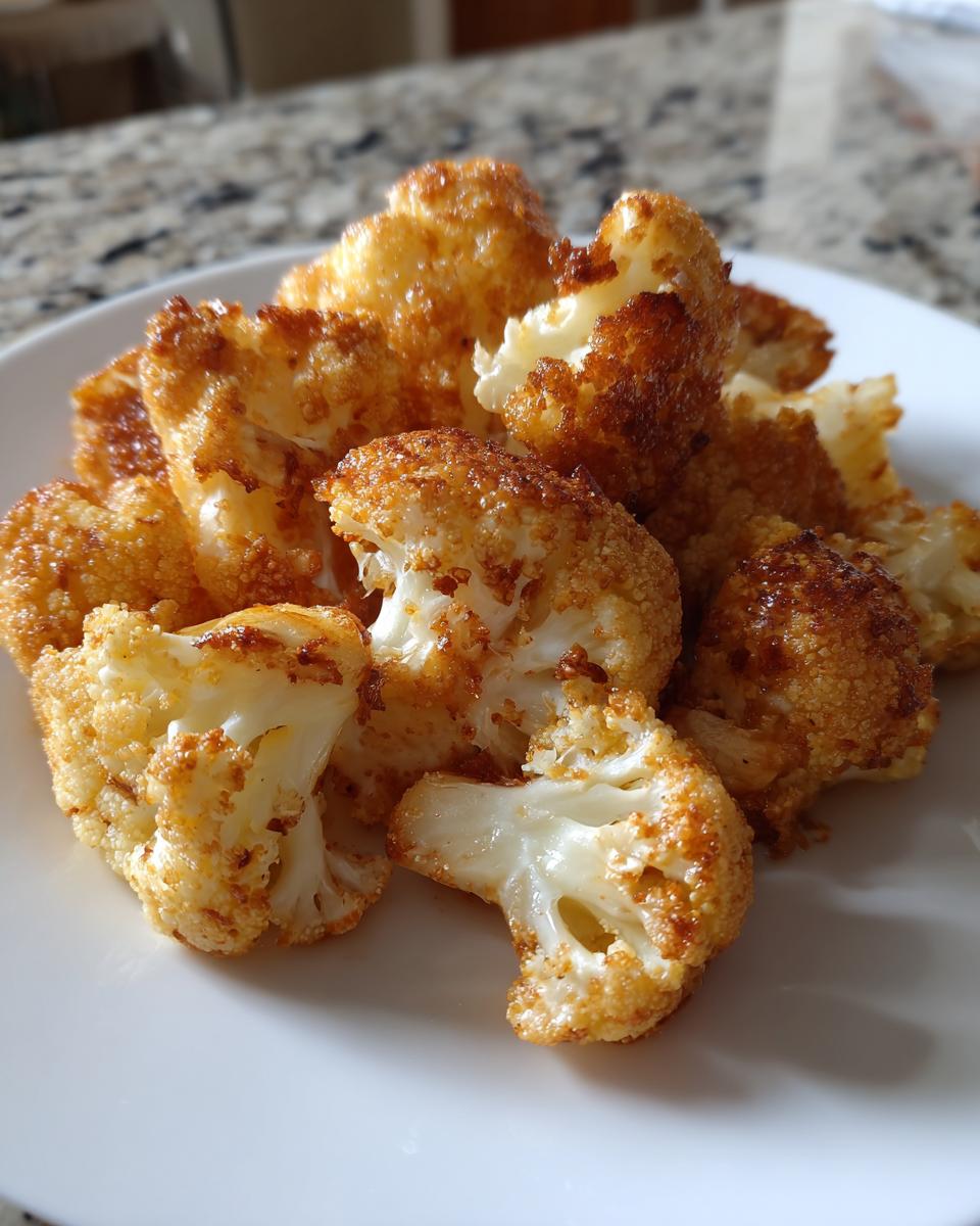 Mehrere Stücke knusprig gebratener Blumenkohl aus der Heißluftfritteuse auf einem weißen Teller.