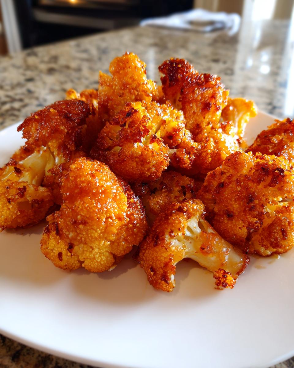 Nahaufnahme von knusprigem, goldbraunem Blumenkohl aus der Heißluftfritteuse auf einem weißen Teller.