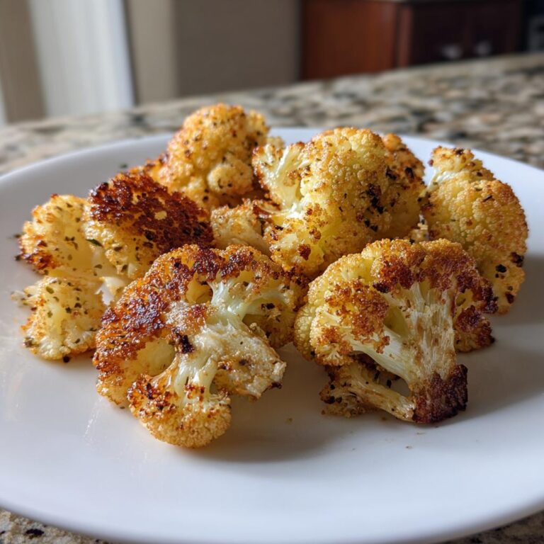 Mehrere goldbraun gebratene Röschen Blumenkohl aus der Heißluftfritteuse auf einem weißen Teller.