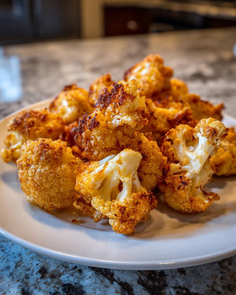 Nahaufnahme von knusprigem, goldbraunem Blumenkohl aus der Heißluftfritteuse, angerichtet auf einem weißen Teller.