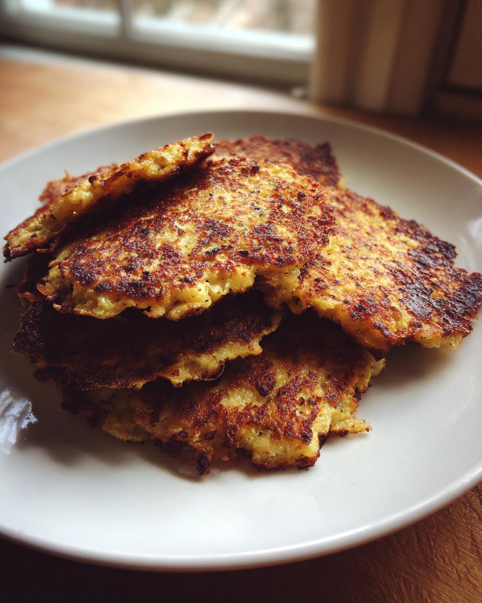 Stapel von goldbraun gebratenen Blumenkohl Frikadellen auf einem weißen Teller.