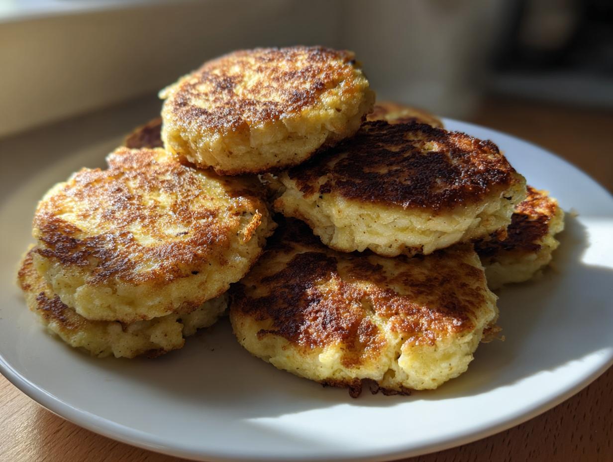 Stapel von goldbraun gebratenen Blumenkohl Frikadellen auf einem weißen Teller.