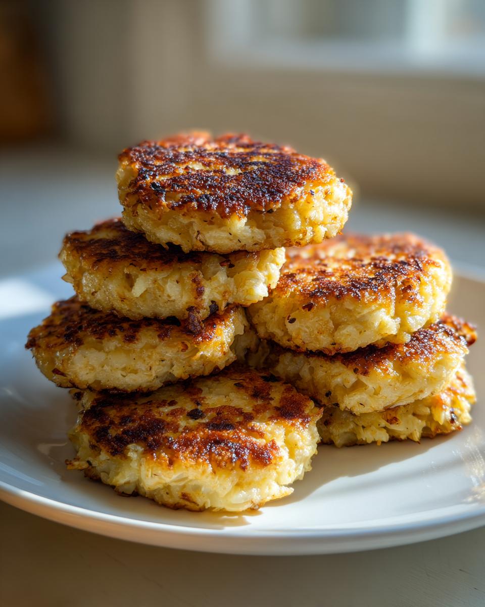 Stapel von perfekt gebratenen, goldbraunen Blumenkohl Frikadellen auf einem weißen Teller.