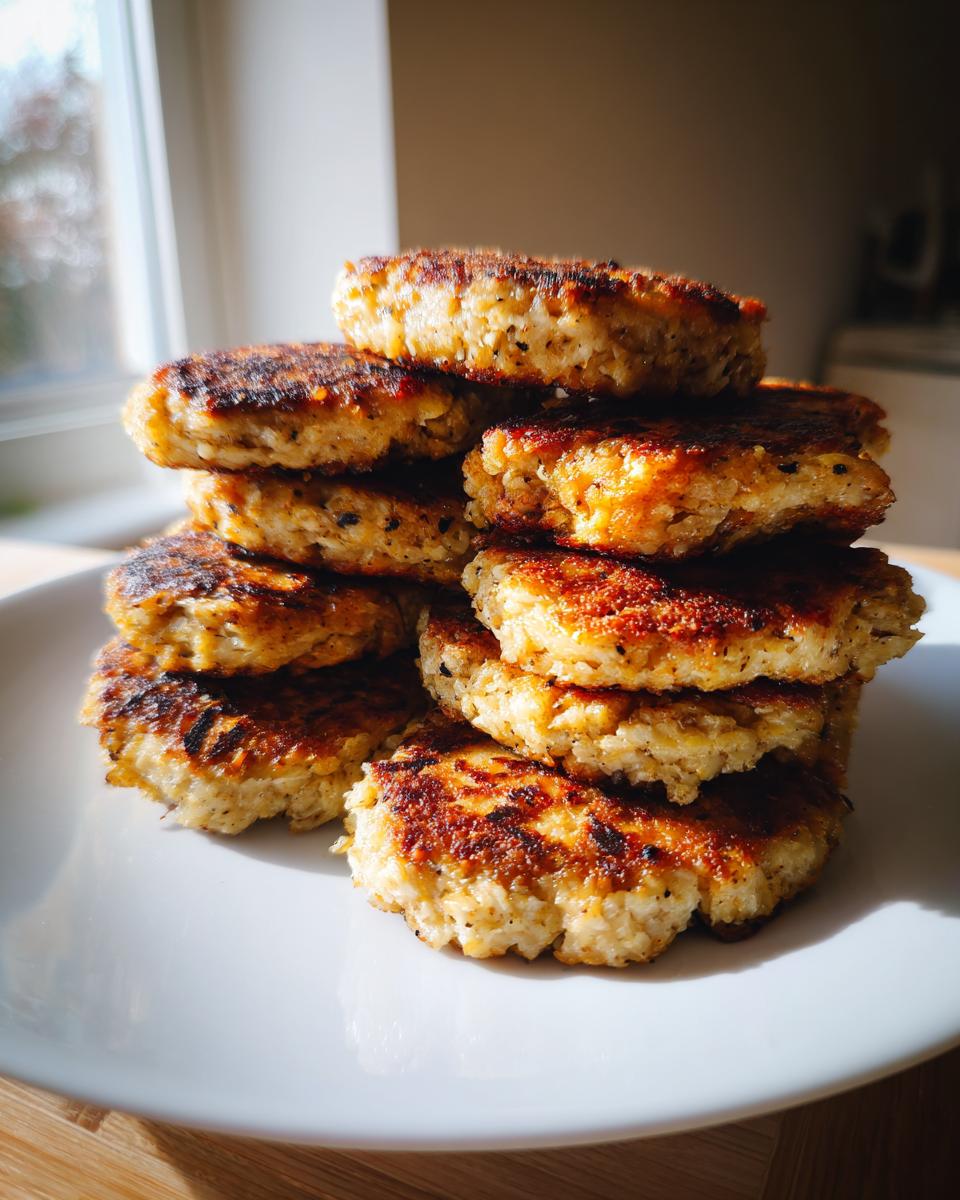 Stapel von knusprig gebratenen Blumenkohl Frikadellen auf einem weißen Teller.