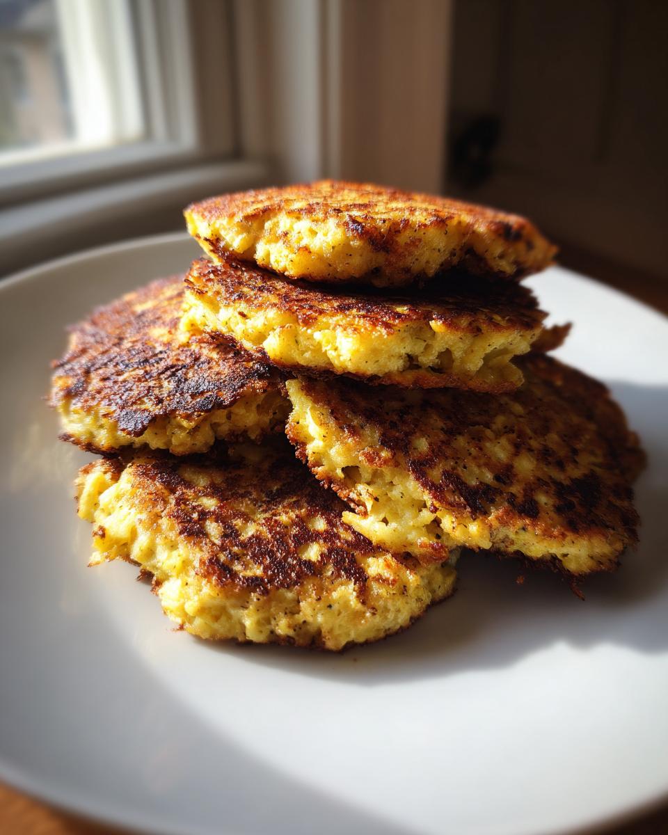 Stapel von fünf goldbraun gebratenen Blumenkohl Frikadellen auf einem weißen Teller.