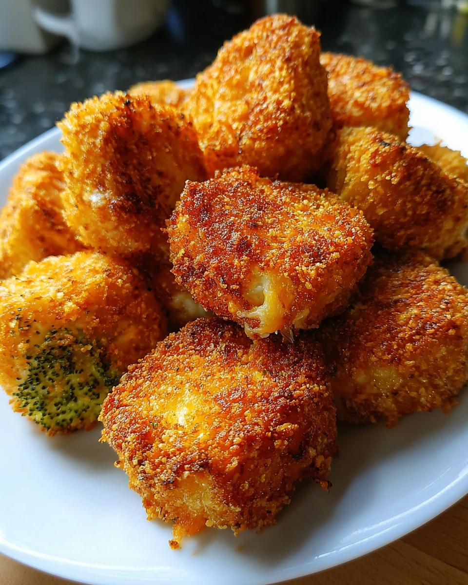 Nahaufnahme von knusprig gebratenen Brokkoli Käse Nuggets, die auf einem weißen Teller gestapelt sind.