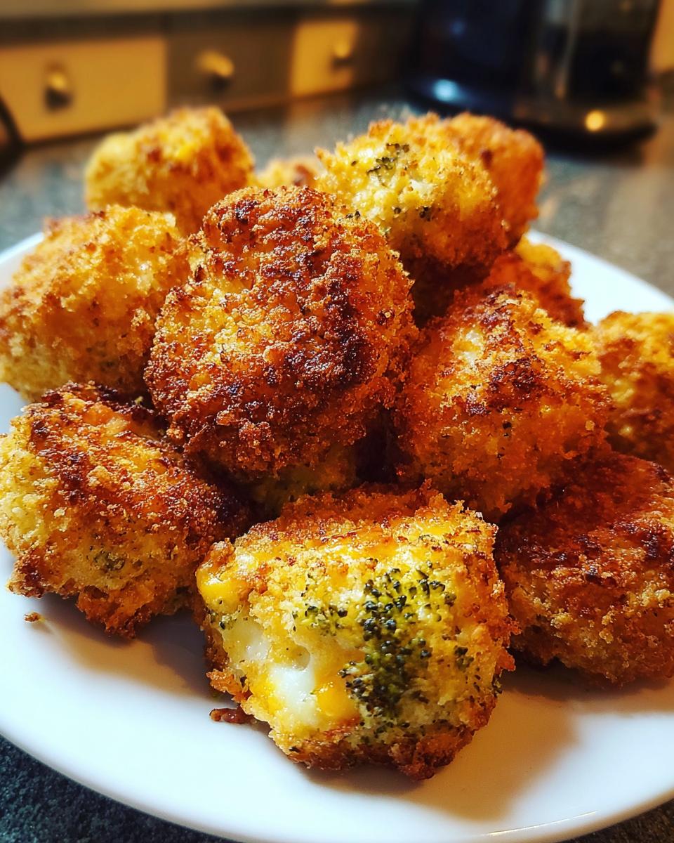 Nahaufnahme von knusprig panierten Brokkoli Käse Nuggets, die auf einem weißen Teller gestapelt sind.