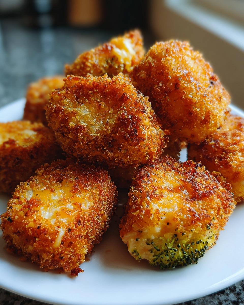 Nahaufnahme von goldbraun panierten Brokkoli Käse Nuggets, die auf einem weißen Teller gestapelt sind.