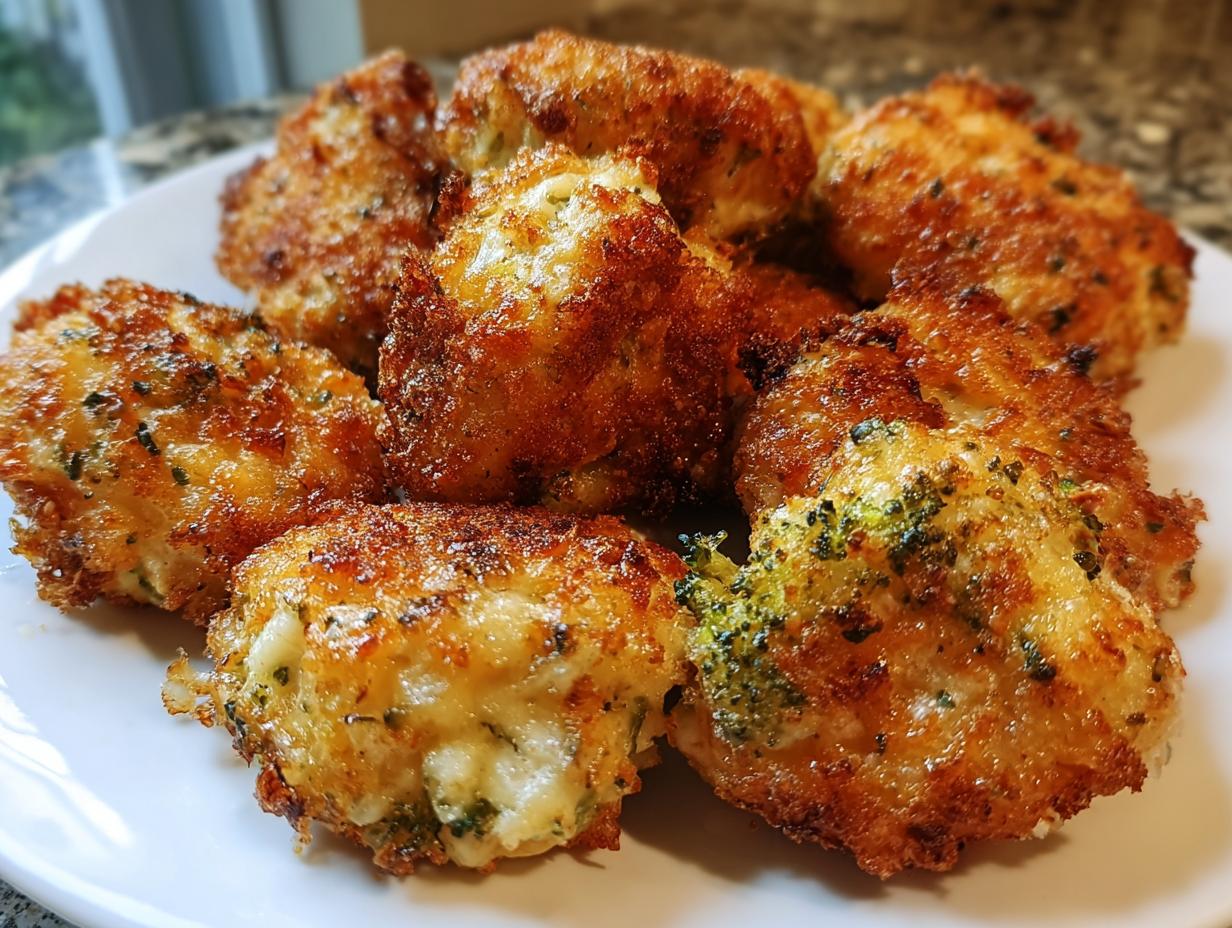 Nahaufnahme von mehreren goldbraun gebratenen Brokkoli Käse Nuggets auf einem weißen Teller.