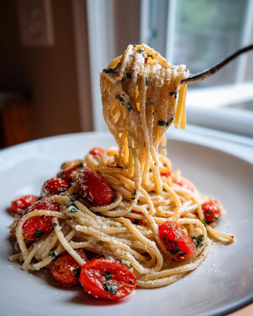 Nahaufnahme einer Gabel, die cremige Burrata-Tomaten-Pasta mit Kirschtomaten hochzieht.