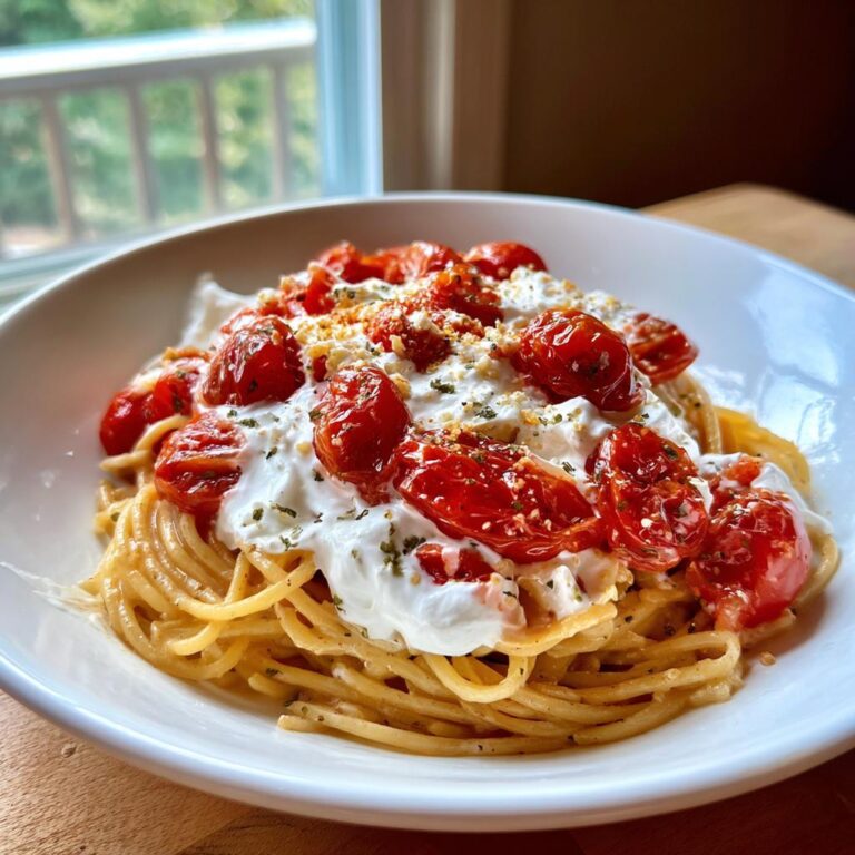 Nahaufnahme einer Schüssel Burrata-Tomaten-Pasta mit Spaghetti, belegt mit cremiger Burrata und gerösteten Kirschtomaten.