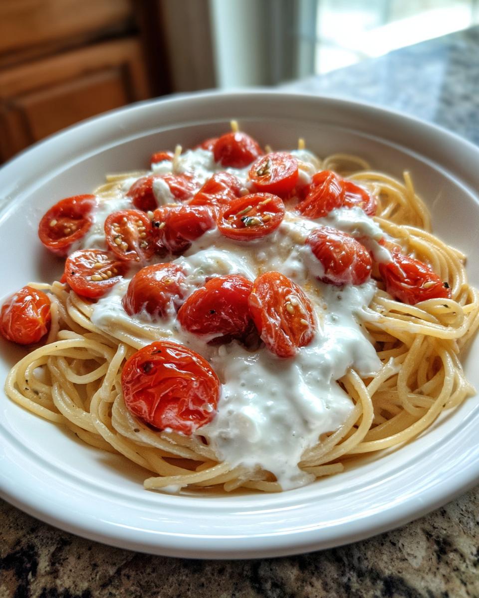 Nahaufnahme von cremiger Burrata-Tomaten-Pasta mit halbierten, gerösteten Kirschtomaten.