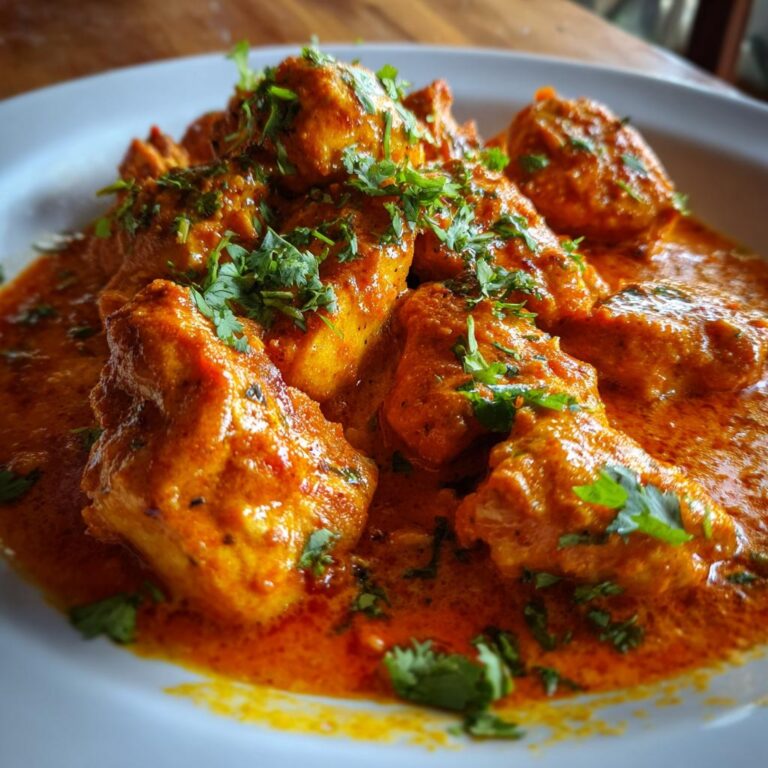 Nahaufnahme von saftigen Hähnchenstücken in einer leuchtend orangefarbenen Sauce, garniert mit frischem Koriander, typisch für Butterhähnchen Texas Style Pfanne.