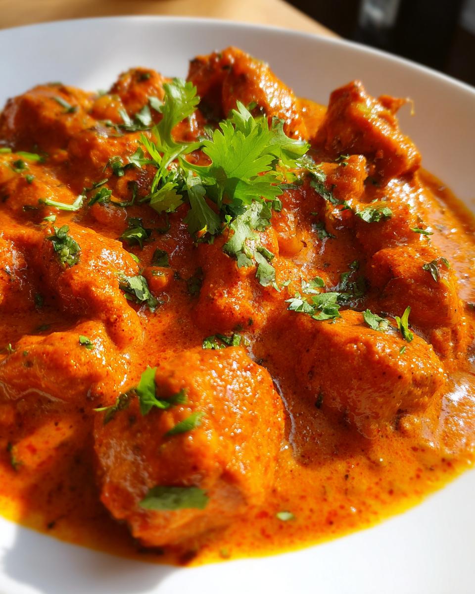 Nahaufnahme von saftigen Hähnchenstücken in einer leuchtend orangefarbenen, cremigen Sauce, garniert mit frischem Koriander: Butterhähnchen Texas Style Pfanne.